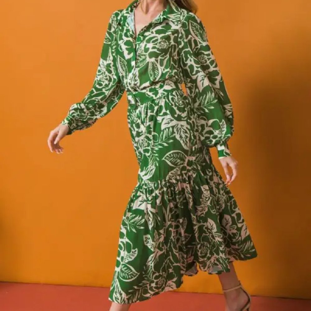 New Woven Print Midi Collar Dress